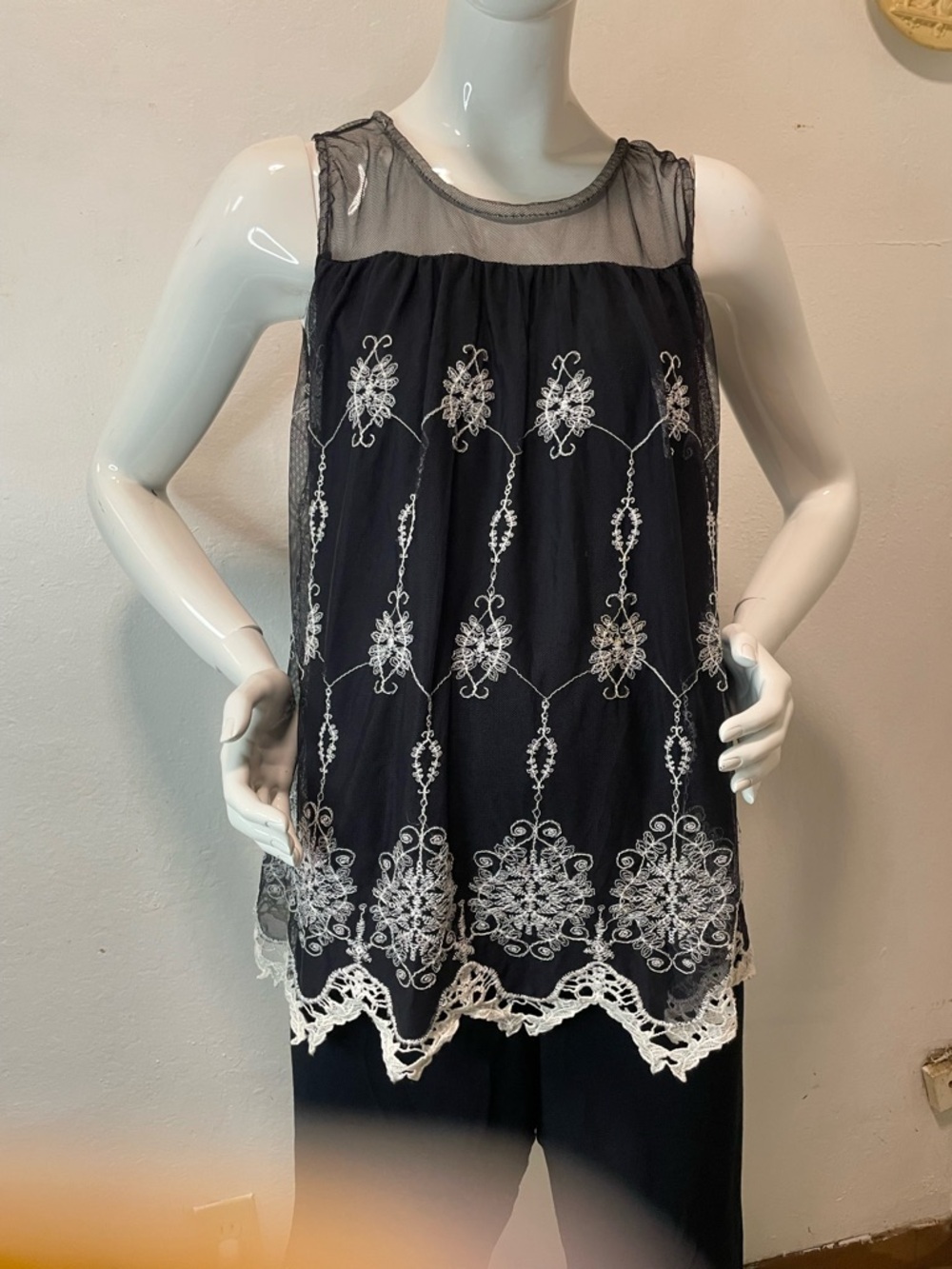 Lavish Black Camisole with White Embroidered Lace